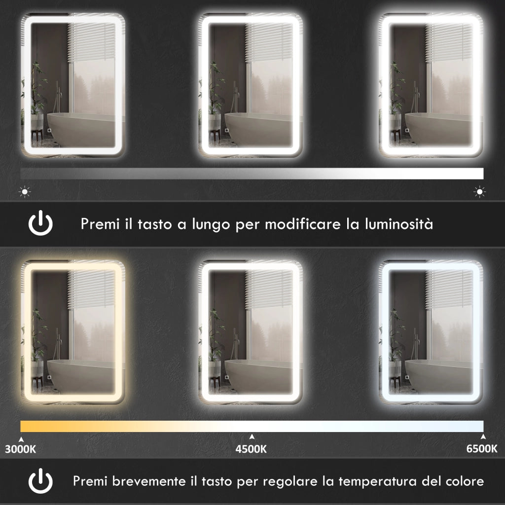 Specchio Bagno con Interruttore Touch, Luce LED a 3 Temperature e Antiappannamento, 70x50cm