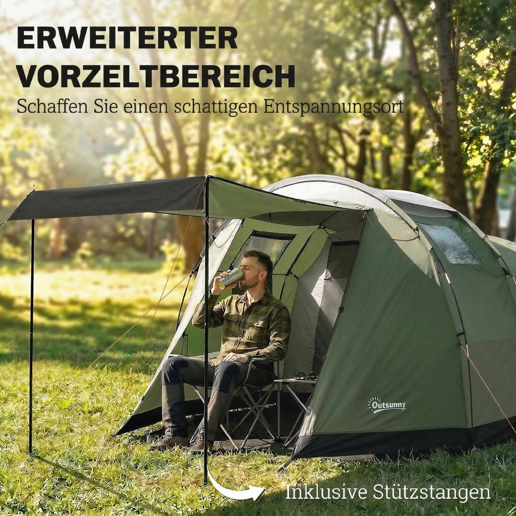 Tenda da Campeggio Familiare per 3-4 Persone Impermeabile 3000mm Verde in Poliestere con Camera e Veranda Robusta