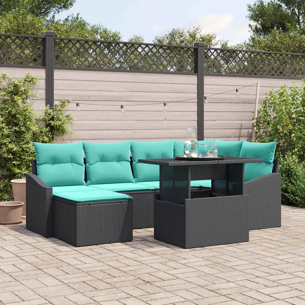 Set di divani con cuscino 7 pcs Nero e Blu Poly Rattan 3349042