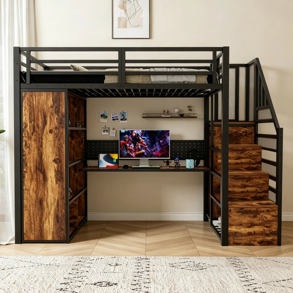 Letto a soppalco 90x200 cm con scrivania; LED; armadio e scala contenitore; metallo e legno nero