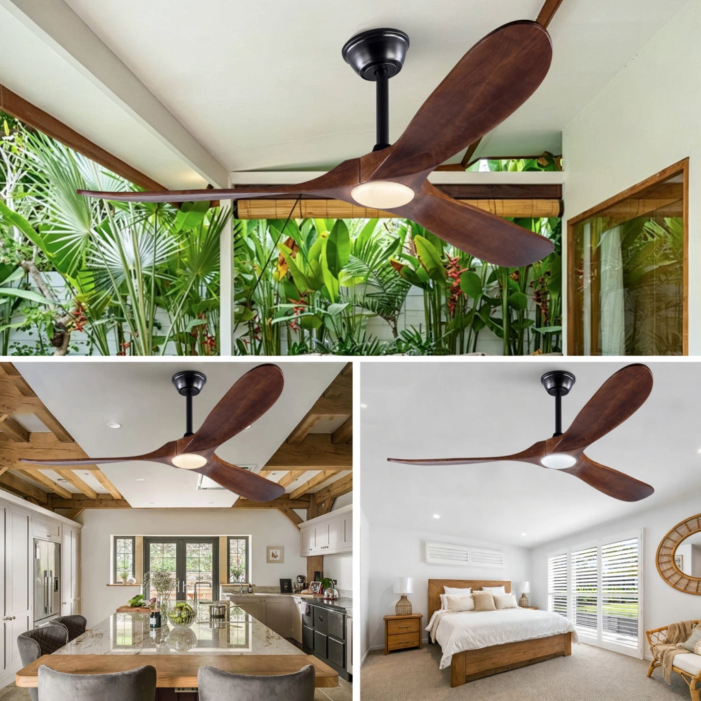 Ventilatore da 60 pollici con illuminazione LED regolabile, 3 pale in legno massello di noce, controllo remoto, 6 velocità e funzionalità reversibile