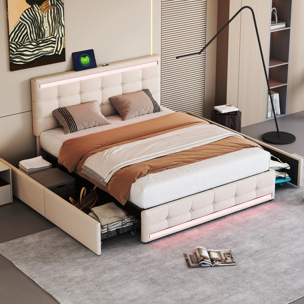Letto matrimoniale 140 × 200 cm con 4 cassetti; LED e 2 USB; senza materasso; in tessuto effetto lino beige
