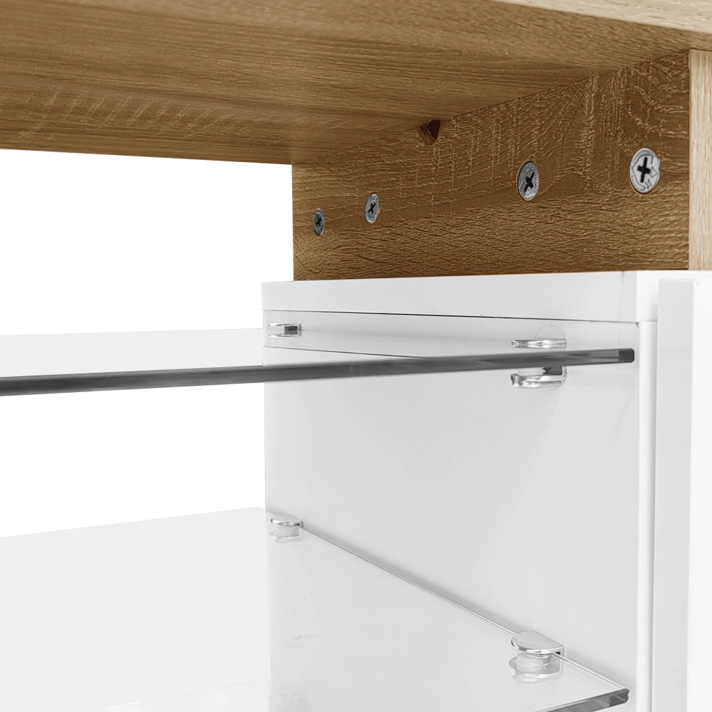 Mobile TV moderno 170 cm bianco e naturale con ripiani in vetro e LED a 16 colori