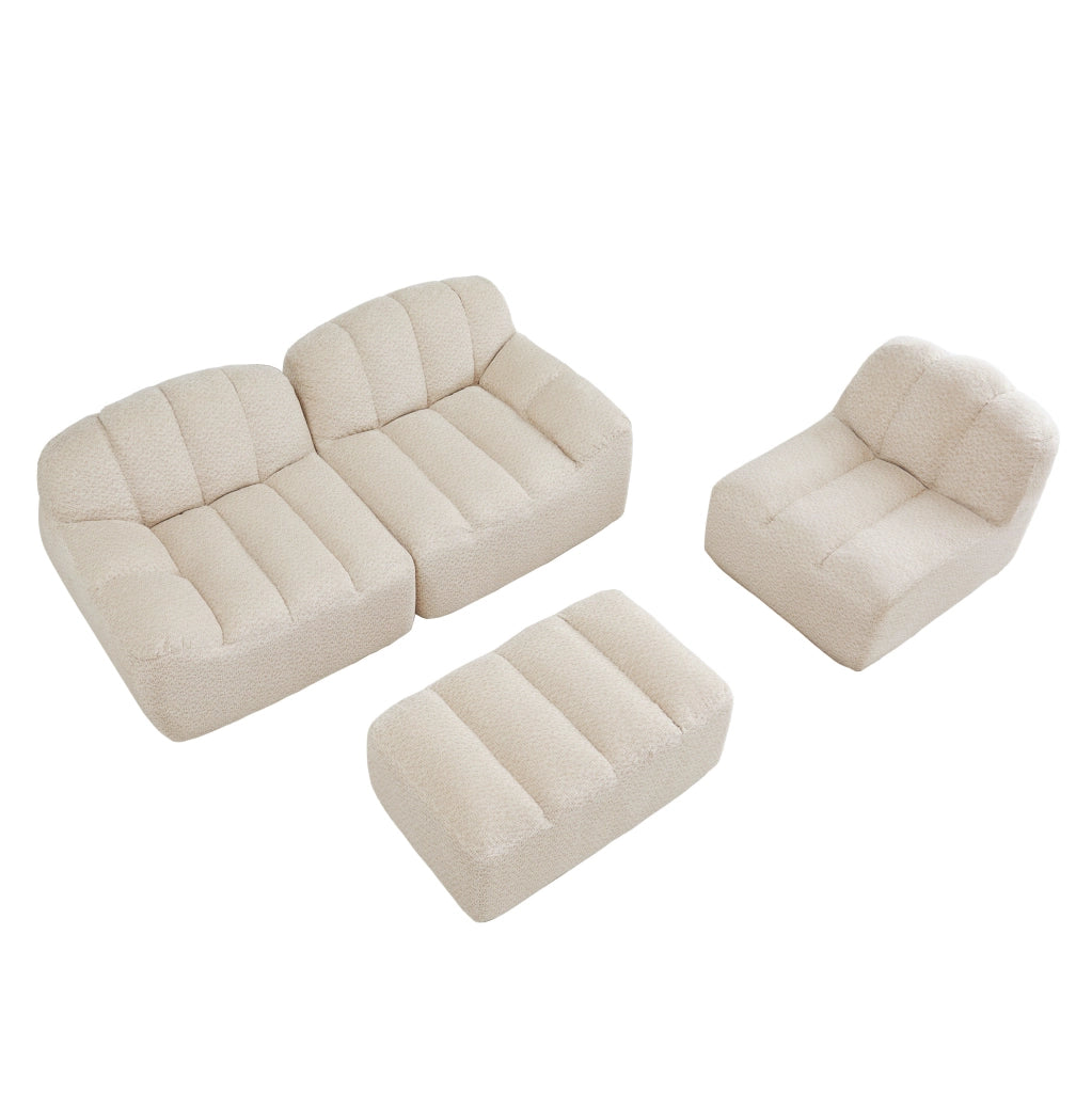 Divano modulare ad angolo 3 posti con pouf, imbottitura in schiuma ad alta densità 32D, tessuto morbido beige chiaro