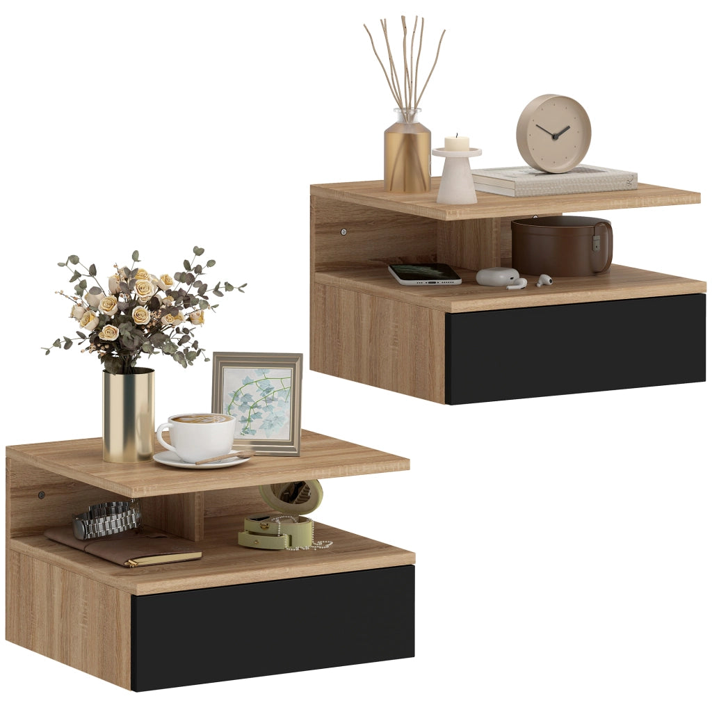 Comodino sospeso con cassetto da parete ¨C Xylo ¨C Rovere e nero 35x32x22,5 cm