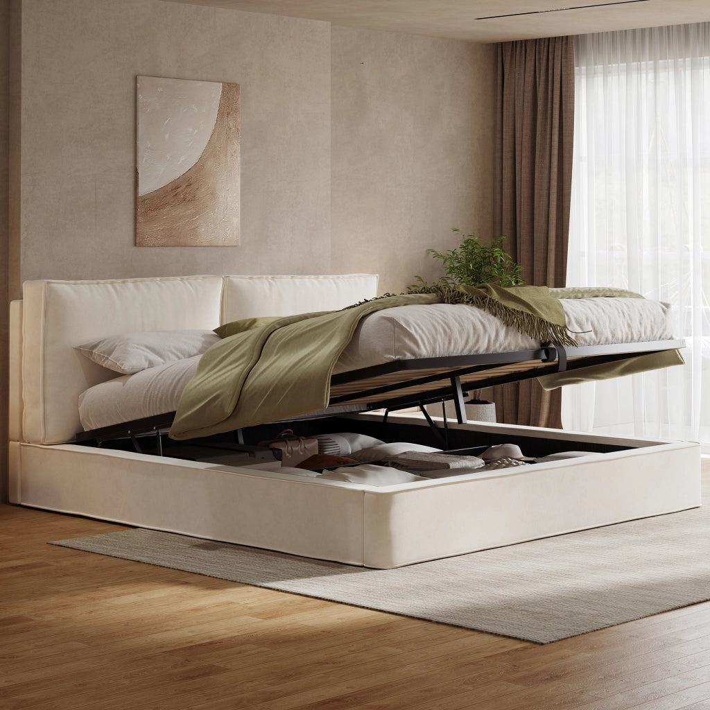 Letto contenitore matrimoniale 180 × 200 cm 2 posti con sollevamento idraulico; senza materasso; in velluto beige