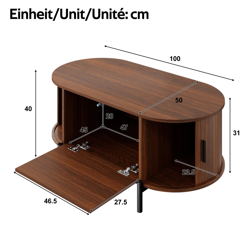 Tavolino basso fisso ovale con ante scorrevoli e anta in rattan MDF color noce con gambe in metallo 100 × 50 × 40 cm