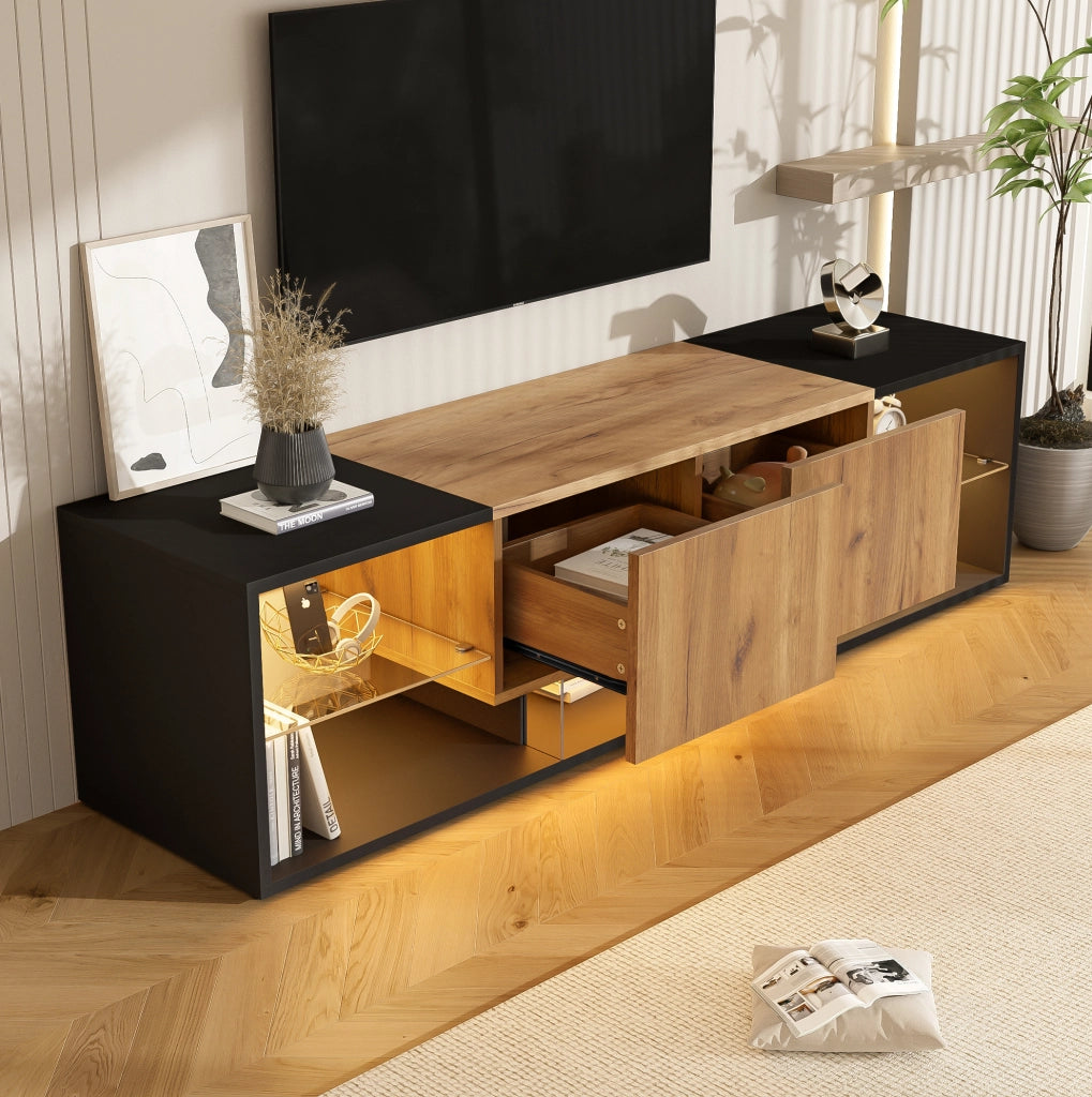 Mobile TV LED 160x40x42 cm in truciolato nero e naturale con contenitore