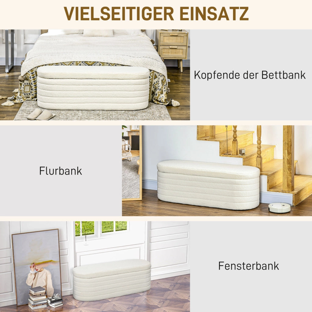 Panca contenitore imbottita con piedi protettivi in poliestere crema 116×41×40.5 cm
