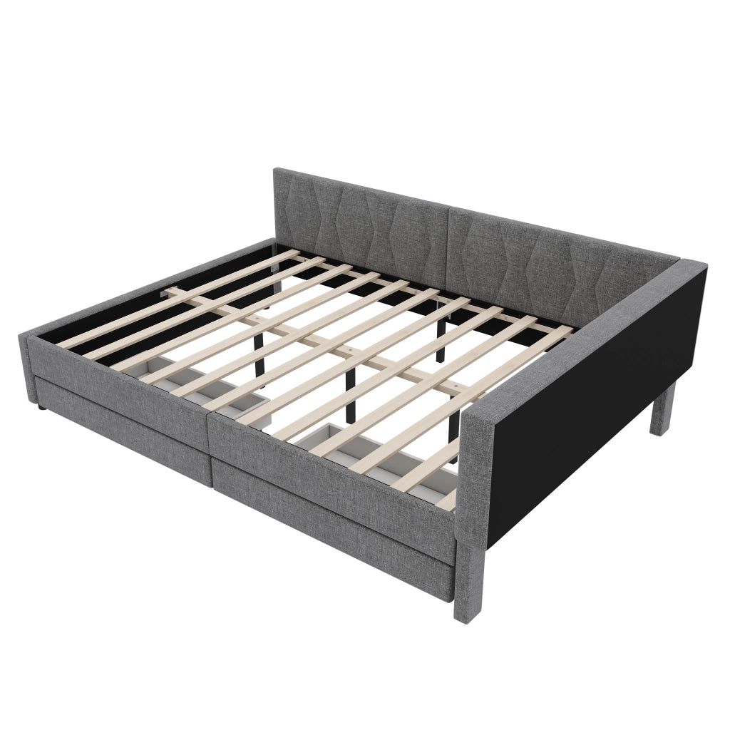 Letto 140x200 cm con LED, USB e USB-C, 2 cassetti, in lino e MDF grigio