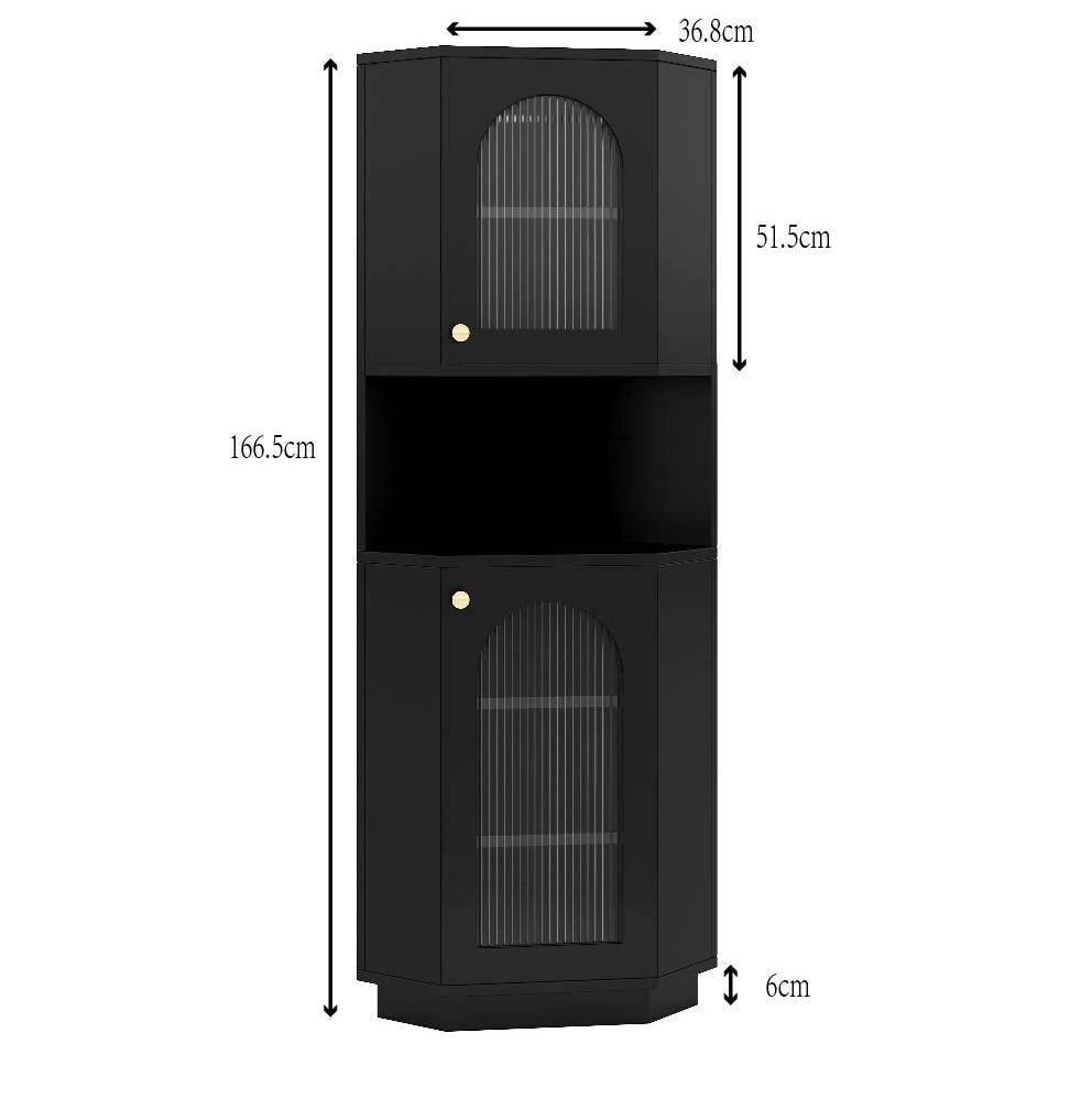 Mobile da bagno angolare nero con luci LED, 45x45x166,5 cm, con ripiani regolabili e vano aperto