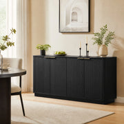 Madia a 4 ante con superficie ondulata in MDF nero e maniglie dorate con ripiano centrale 160 × 40 × 80 cm
