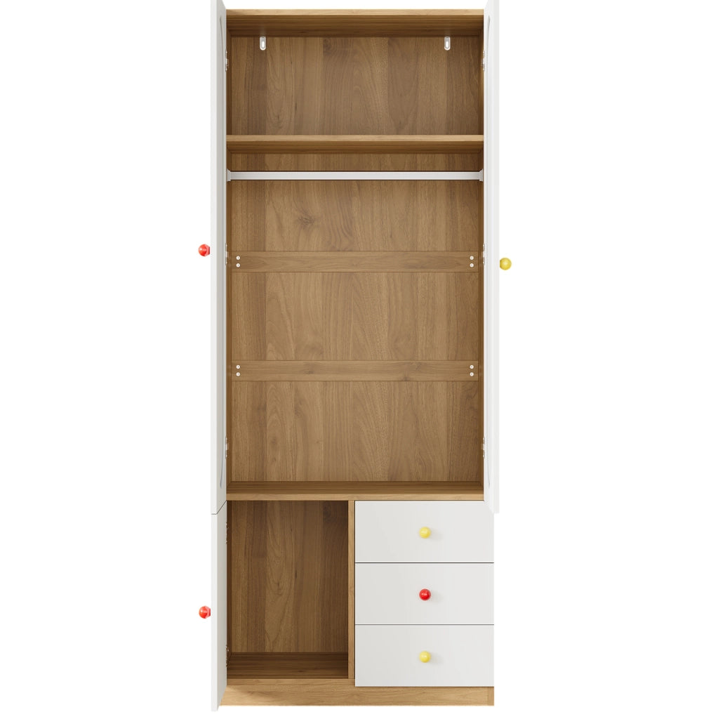 Armadio guardaroba bianco per bambini con 2 ante, 3 cassetti, bastone appendiabiti e maniglie in ceramica colorata, 80x50x200 cm