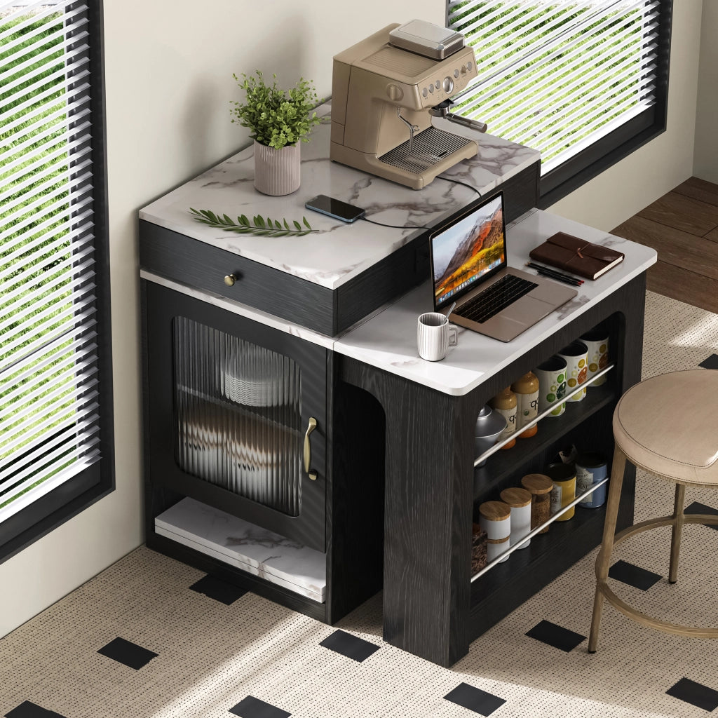 Tavolo allungabile con prese integrate; contenitore e ripiani regolabili bianco e nero 80 × 71–111–151 × 92 cm