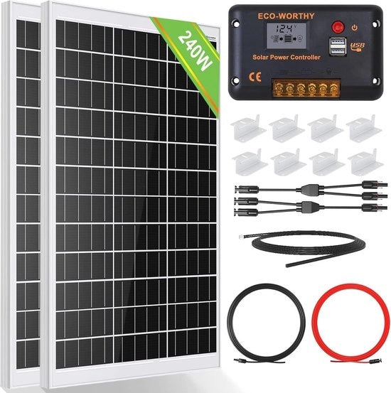 Kit di Pannelli Solari da 240 Watt per Sistemi Off-Grid - 2 x 120W Monocristallino con Regolatore di Carica LCD