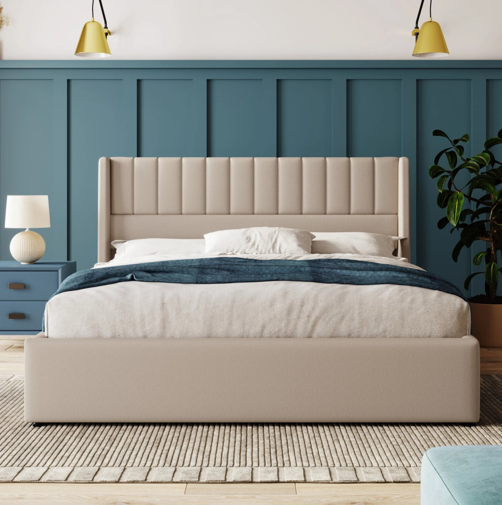 Letto matrimoniale 180x200 cm con contenitore idraulico in lino beige