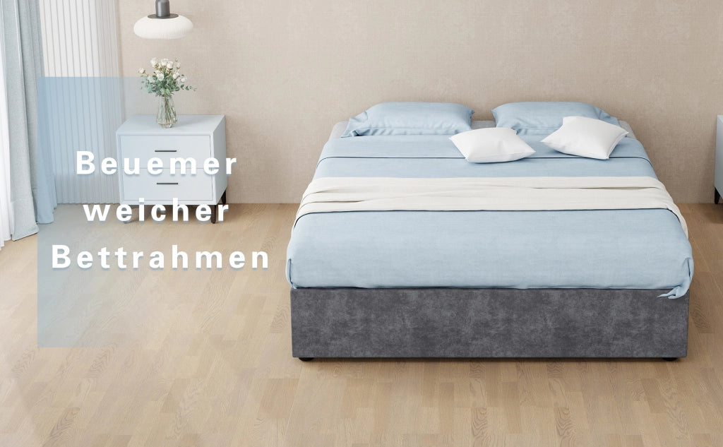 Letto contenitore imbottito con pistoni pneumatici, velluto olandese, grigio, 140x200 cm, senza materasso