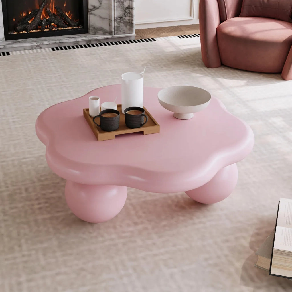 Tavolino da Caffè Rosa a Forma di Nuvola e Petali, 80 cm, Design Minimalista con Gambe Sferiche, Salvaspazio per Piccoli Appartamenti, Adatto a Bambini e Animali