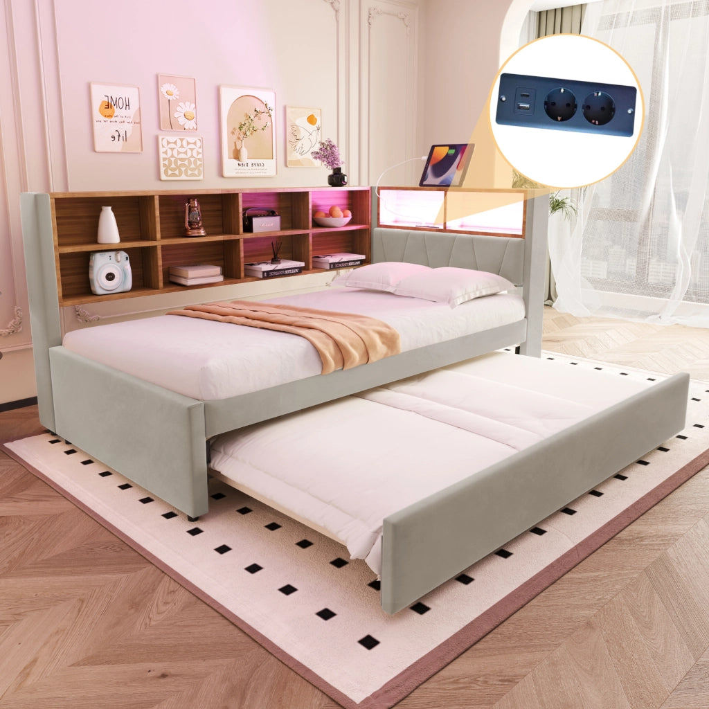 Letto con letto estraibile 90 × 200 cm con secondo letto 90 × 190 cm LED USB Type-C prese flanella grigio chiaro