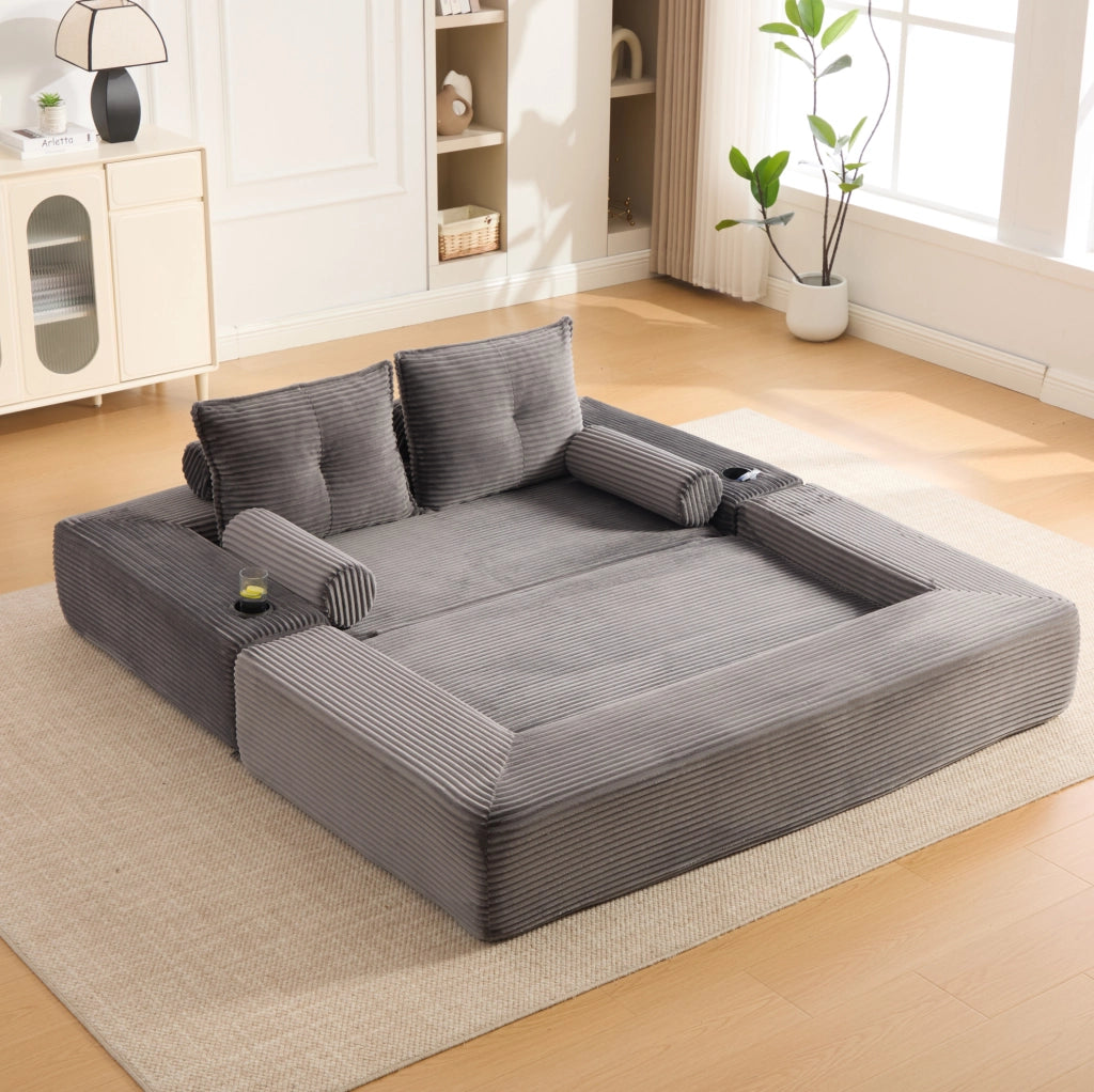 Divano letto in corduroy a due posti con schiuma ad alta densità e molle, con cuscini memory e porta bevande, facile da montare