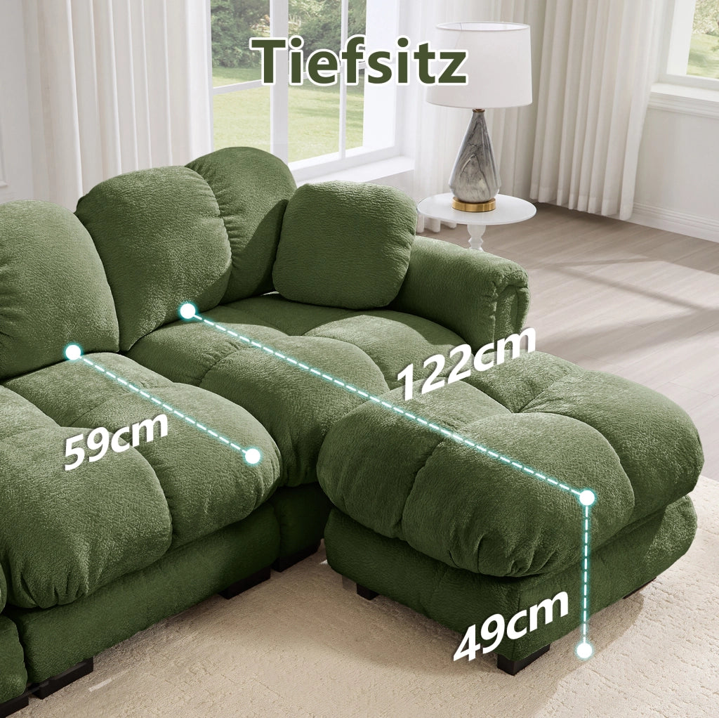 Divano angolare a 3 posti in chenille verde con ottomana mobile e cuscini decorativi