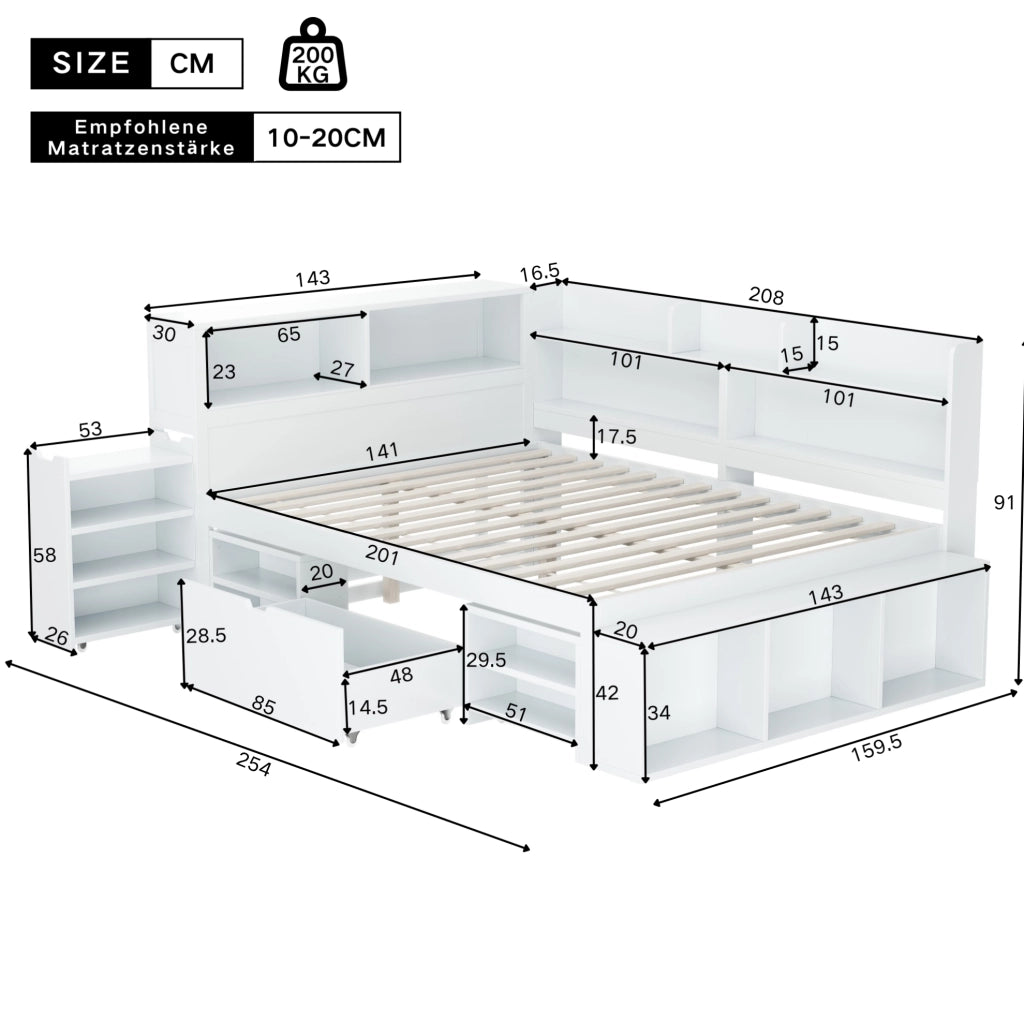 Letto per bambini 140x200 cm con cassetto, libreria e armadi contenitori in compensato bianco