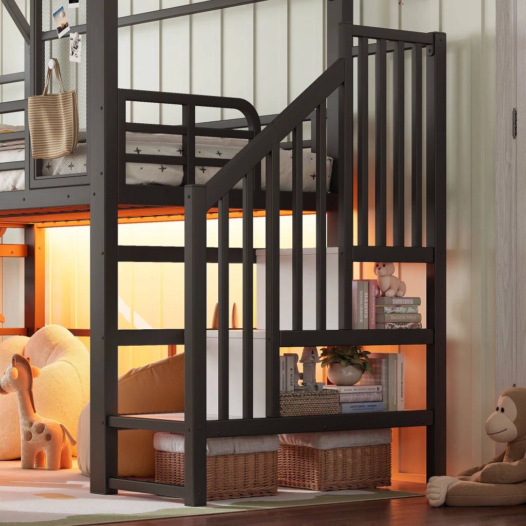 Letto a soppalco 90 × 200 cm a casetta con scivolo scala con ripiani LED Bluetooth MDF e metallo nero EN 747