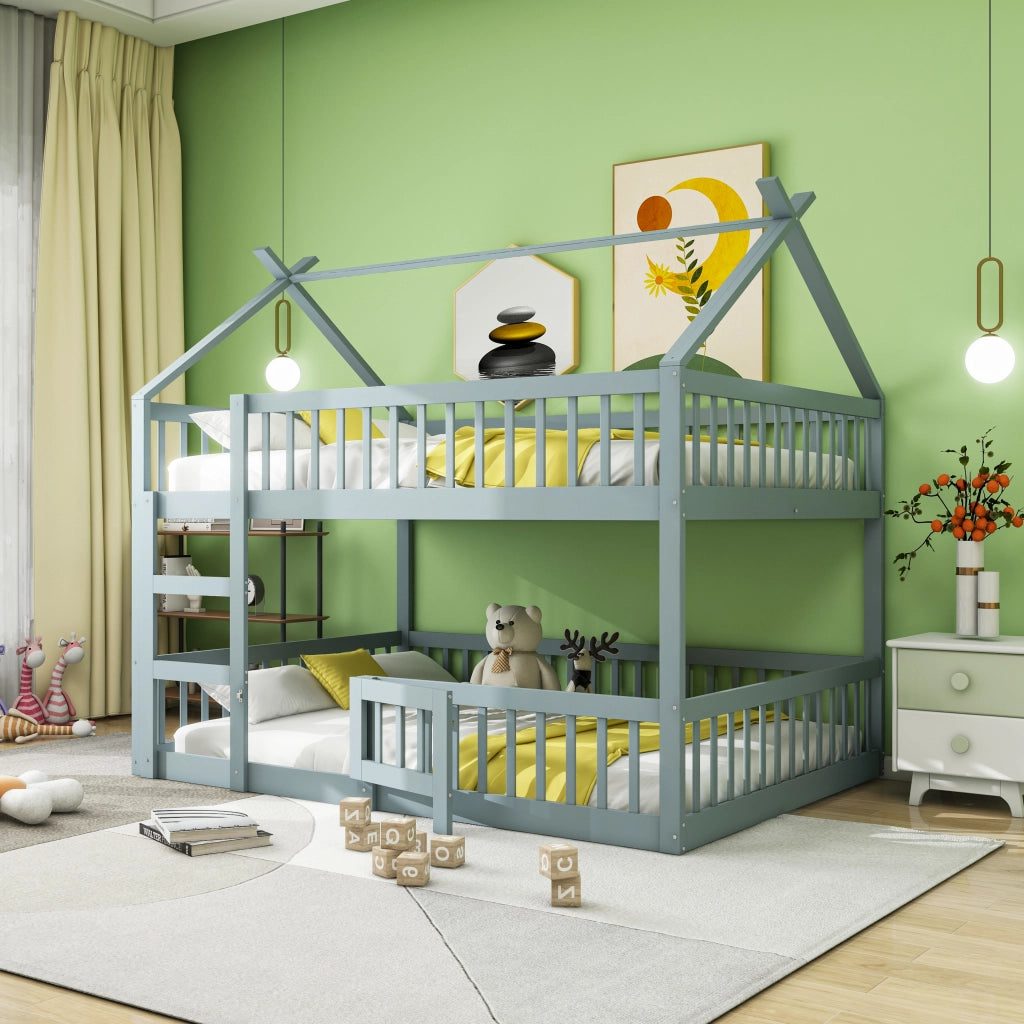 Letto a castello per bambini 140 × 200 cm con scala in legno grigio porta apribile e sponde alte