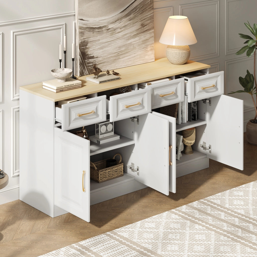 Credenza con 4 ante e 4 cassetti ripiani regolabili in pannello truciolare bianco e rovere 140 × 40 × 75 cm