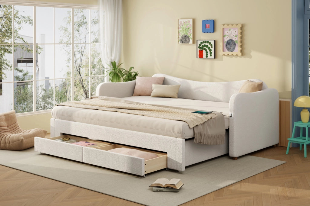 Letto imbottito estensibile con 2 cassetti, 90x200 cm, colore beige bouclé, con porta USB