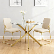 Tavolo da pranzo rotondo in vetro temperato e metallo oro, 2-4 posti, con base a croce, 80 × 80 × 76 cm