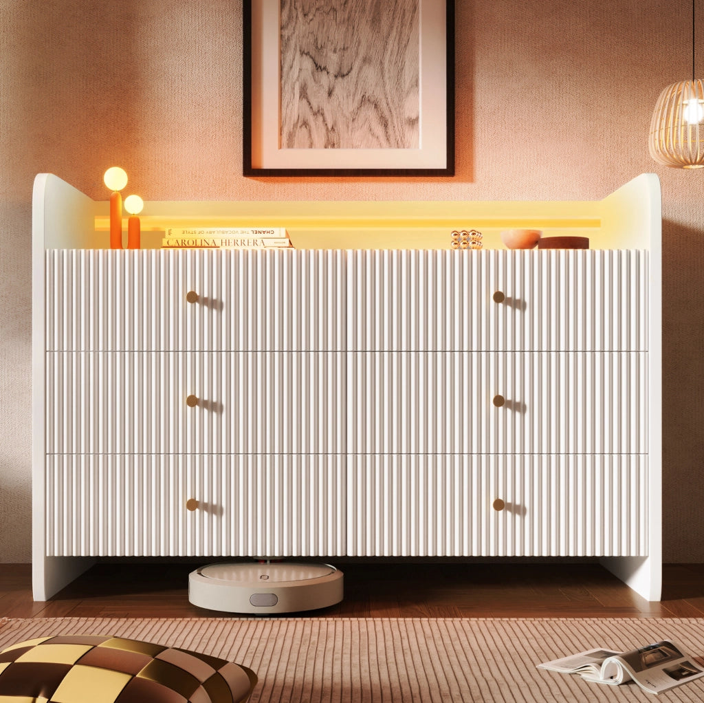 Credenza ULEVR 120x40x75 cm con LED, vano aperto e 6 cassetti, bianca