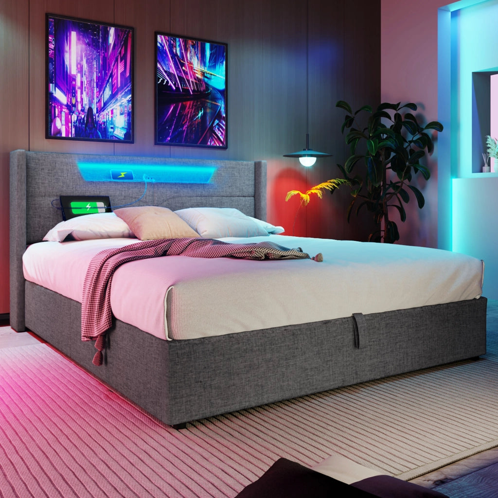 Letto contenitore matrimoniale imbottito 140x200 cm con LED; USB-C; vani portaoggetti e rete a doghe; rivestimento in lino