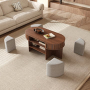 Tavolino da salotto ovale con ante scorrevoli, rivestimento a scanalature verticali e pouf in tessuto, struttura in truciolato e MDF, color noce