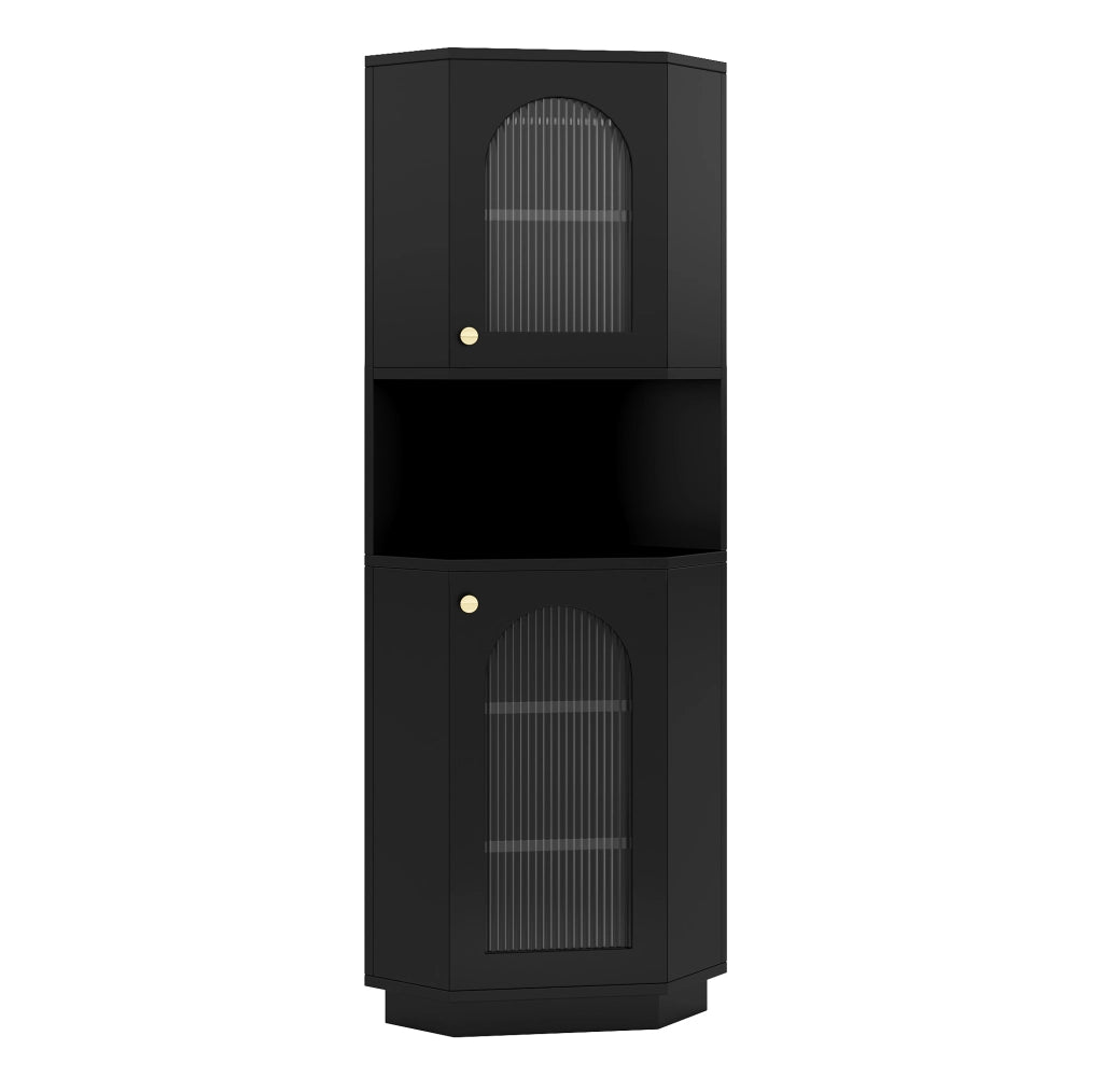 Mobile da bagno angolare nero con luci LED, 45x45x166,5 cm, con ripiani regolabili e vano aperto