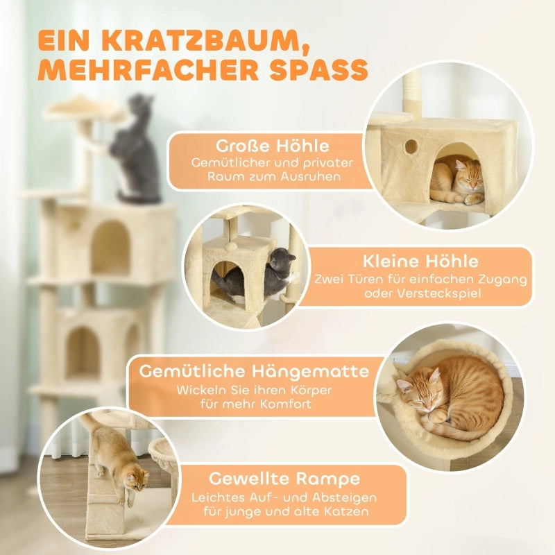 Tiragraffi per gatti con cuccia; amaca; scala; piattaforme e pali rivestiti in sisal beige