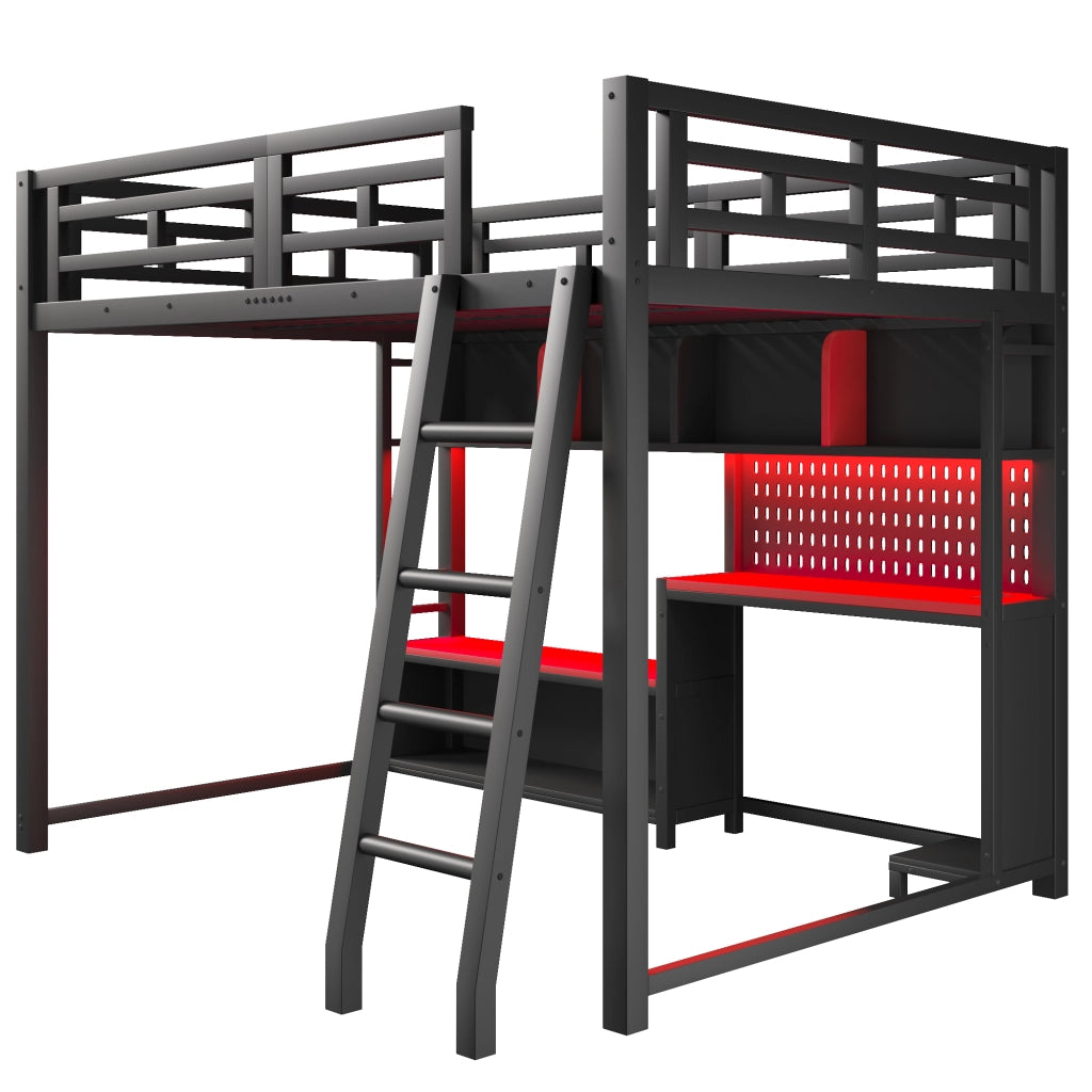 Letto a soppalco 140x200 in metallo con scrivania e LED RGB; nero