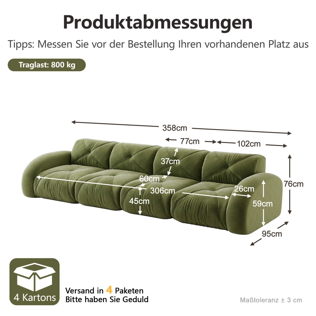 Divano modulare senza struttura in ciniglia verde con schiuma ad alta densità 76 × 358 × 95 cm