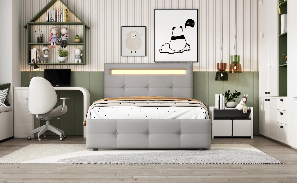 DESMIU Letto adulto 90 × 200 cm con 2 cassetti, LED, testiera regolabile, senza materasso, grigio