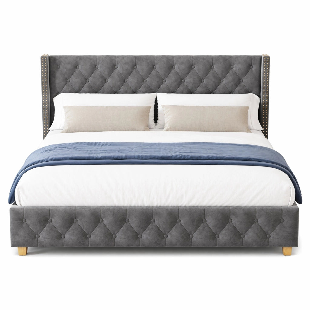 Letto imbottito 160 ¡Á 200 cm con rete a doghe e testiera capitonn¨¦ in lino beige con gambe in legno