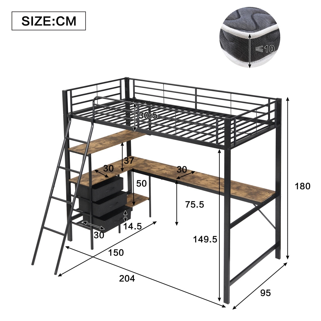 Letto a soppalco 90 × 200 cm 1 posto con scrivania da 200 cm, 3 cassetti e scala inclinata, senza materasso, nero