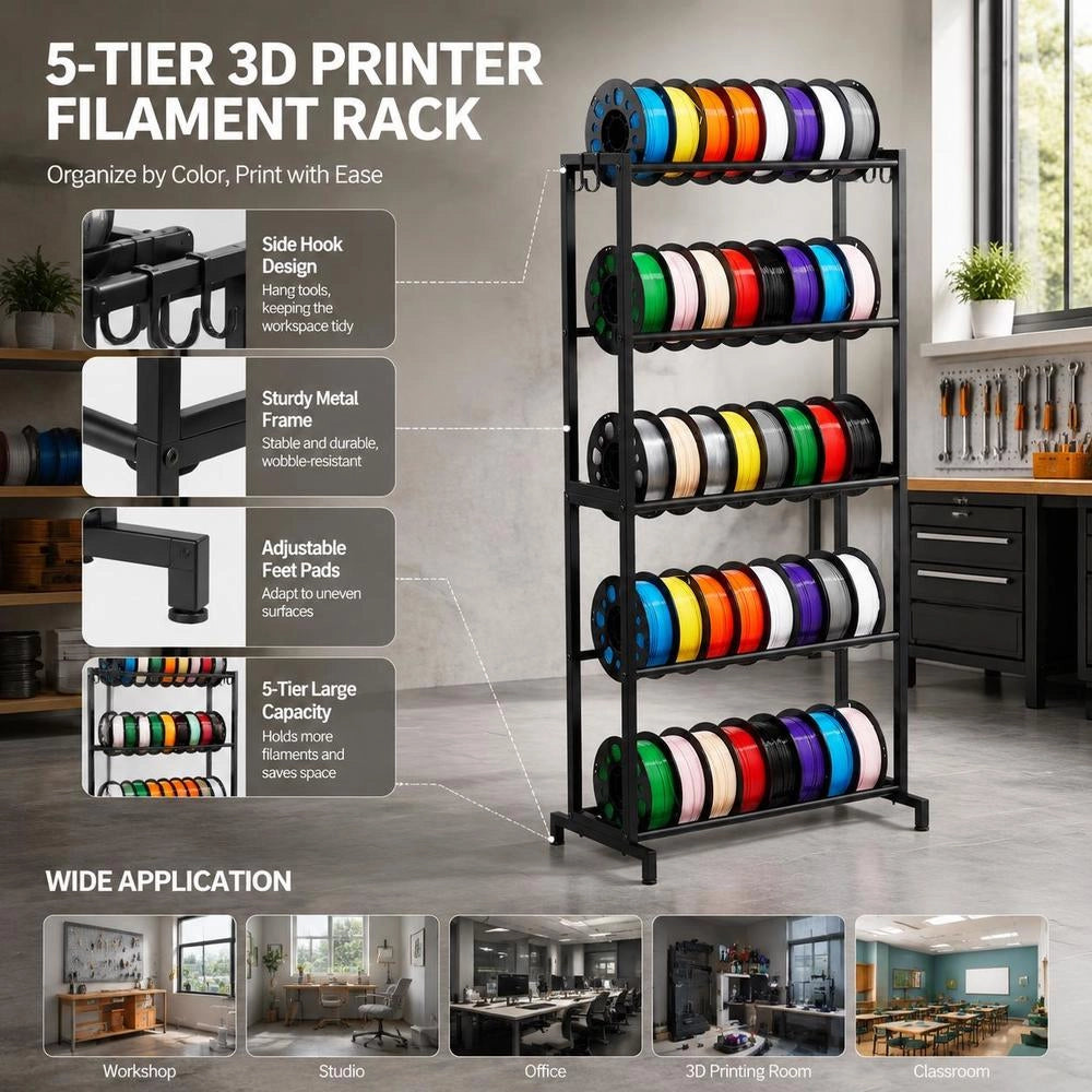 Filament Storage Rack For 3D Printers, 5 Levels, Filament Spool Holder, 635 X 320 X 1300 Mm, Load Capacity 45.3 Kg Per Level, 3D Printer Accessory Organizer For 3D Printing Studios And Workshops, Black