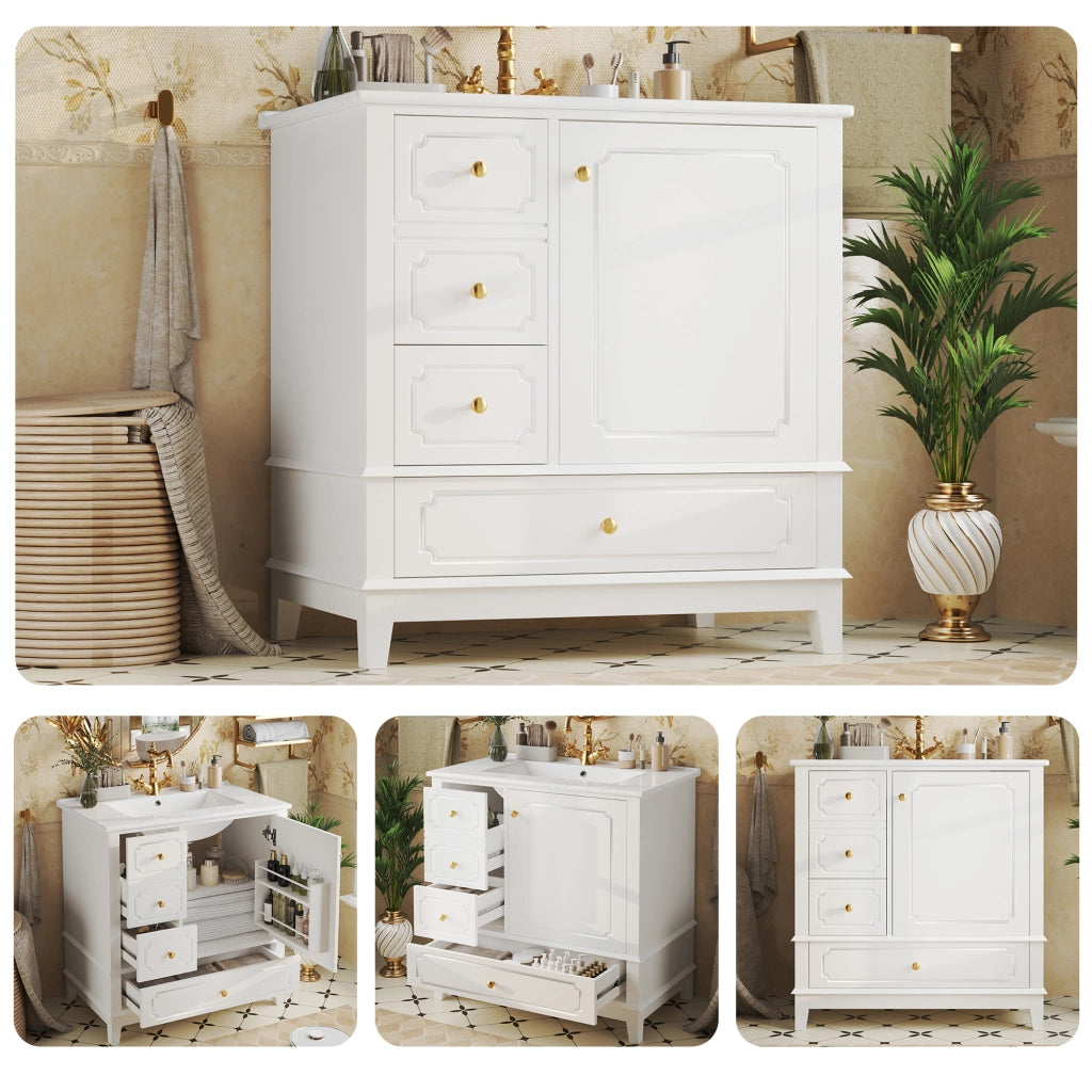 Mobiletto con lavabo in ceramica antibatterica 3 cassetti anta con ripiano MDF bianco 76.5 × 47 × 87.5 cm