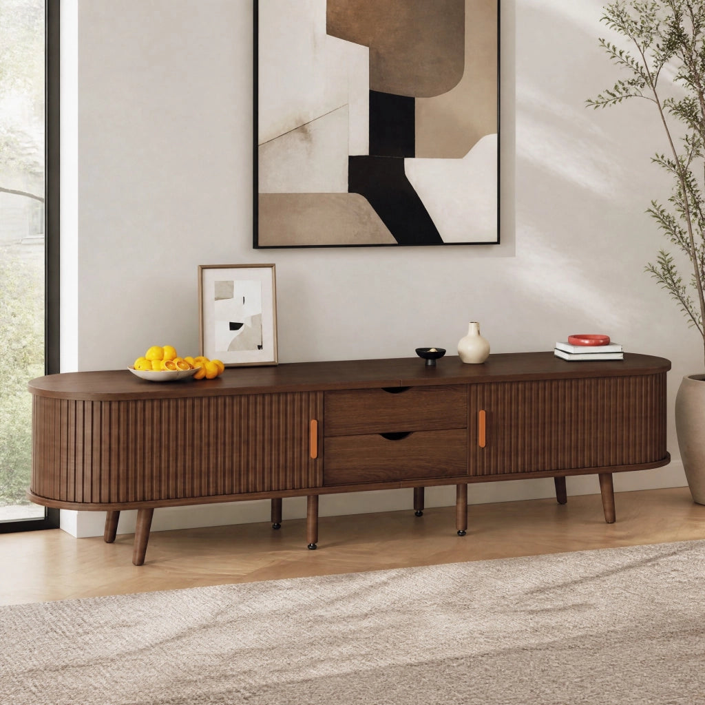 Mobile TV ovale con 2 cassetti e 2 ante scorrevoli in MDF color noce; ripiani regolabili 170 × 40 × 42 cm