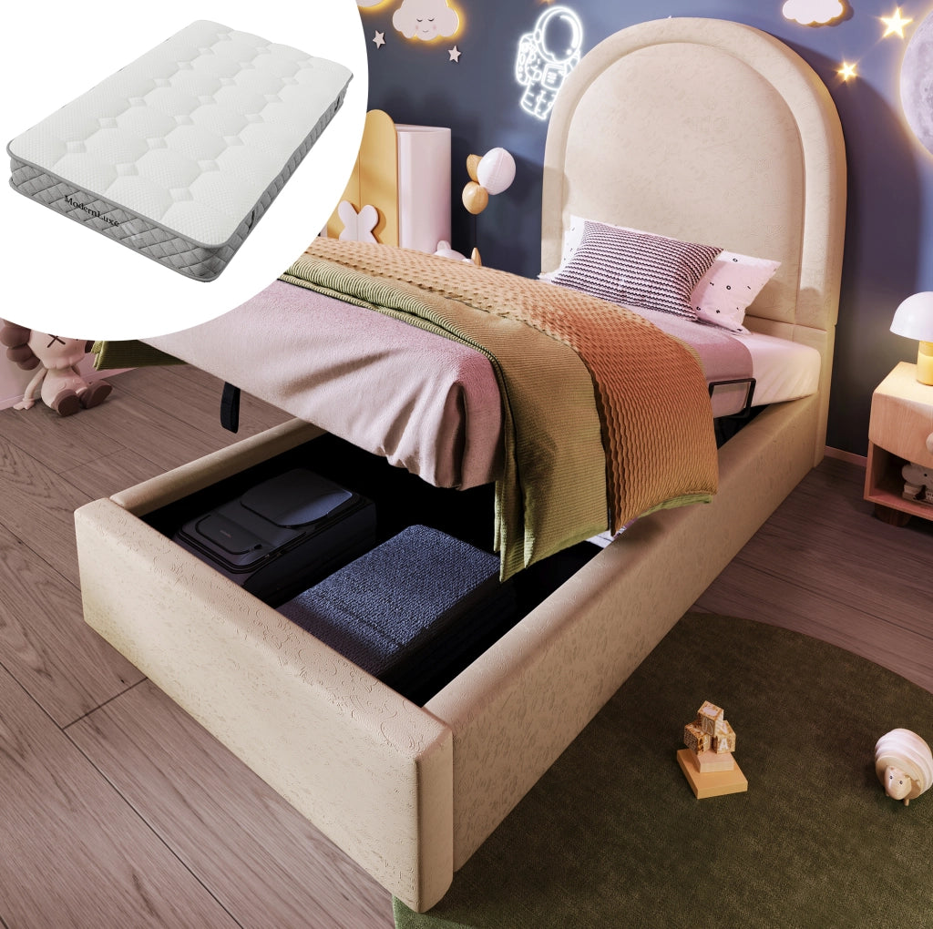 Letto imbottito per bambini 90x200 cm con contenitore e materasso H3 in PU beige