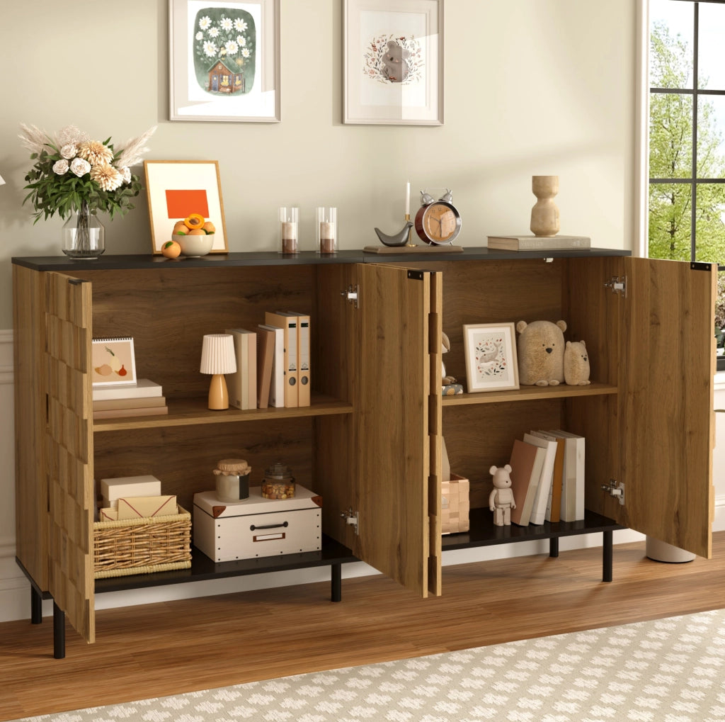 Credenza 160x35x80;5 cm a 2 ante con motivo mosaico in truciolare; naturale e nero
