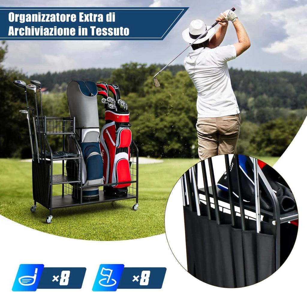 Organizer per Sacca da Golf per Garage, Carrello per 2 Borse da Golf con Ruote Bloccabili, Ganci e Tasche Porta Mazze da Golf, Organizer per Accessori da Golf e Attrezzature
