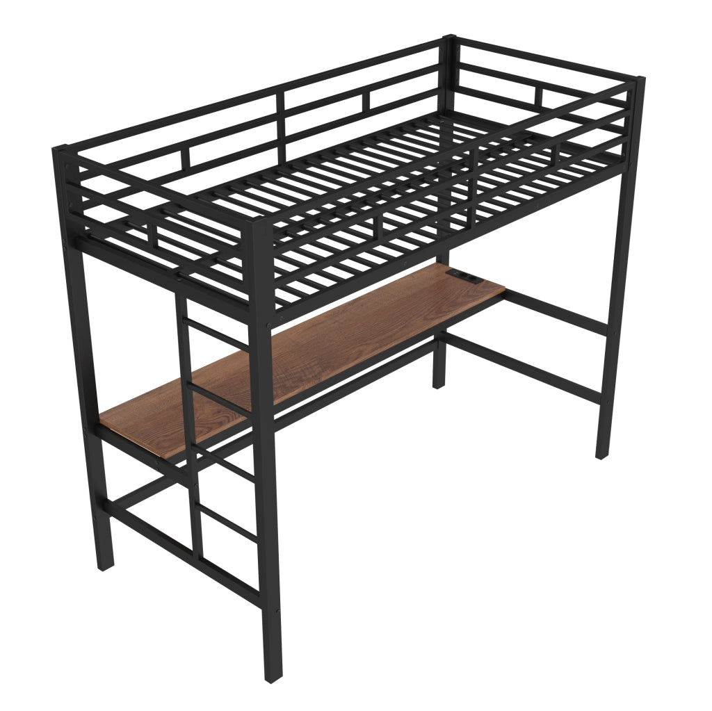Letto a soppalco 90x200 cm con scrivania, LED, USB e presa in metallo nero