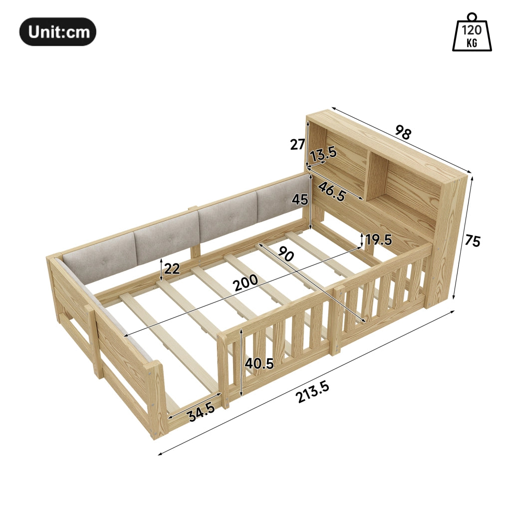 Letto a terra, letto per bambini 90 x 200 cm con sponde, lati imbottiti, testiera con contenitore, LED e truciolare, naturale