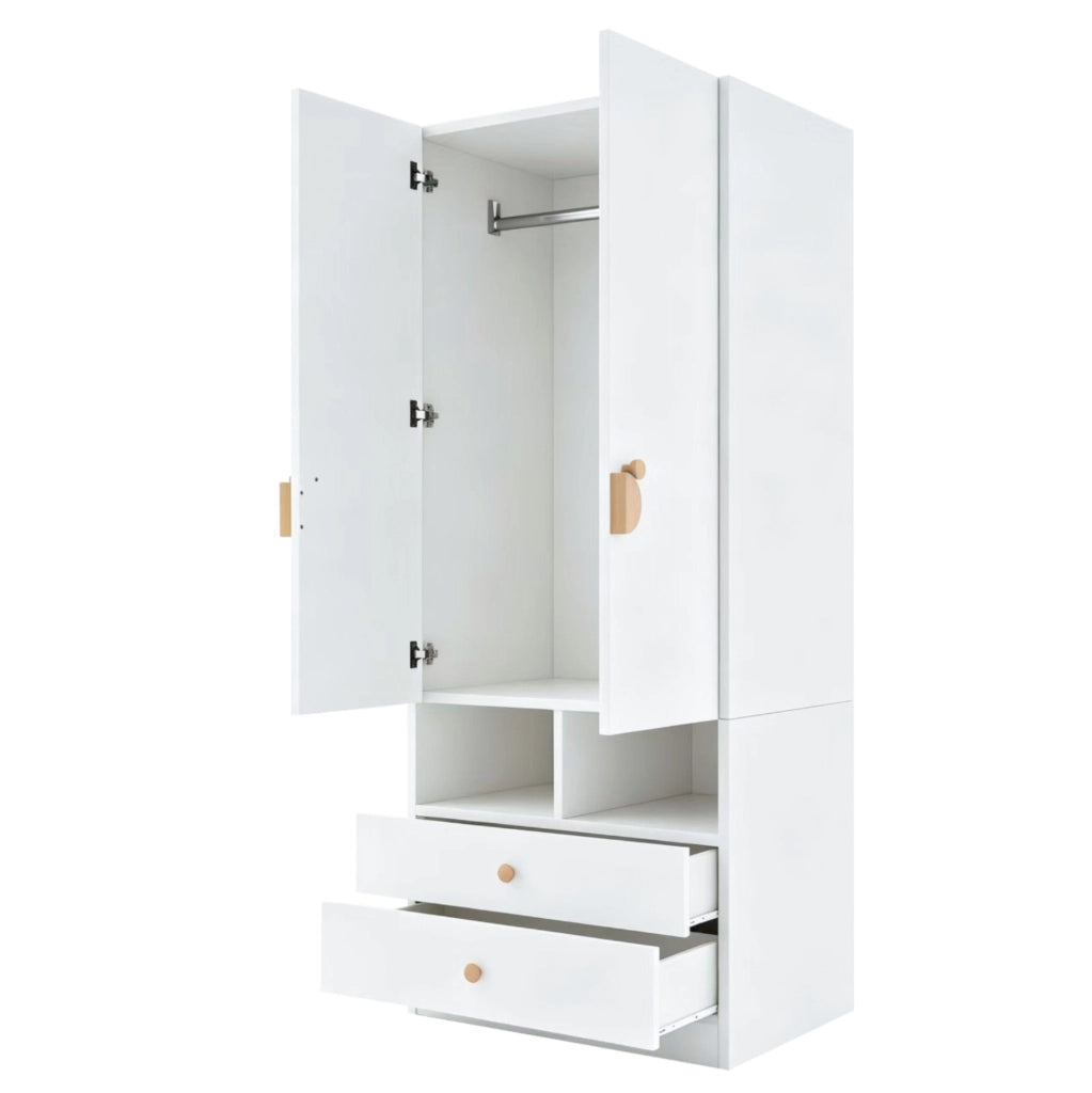 Armadio singolo bianco 70×50×170 cm con due cassetti, maniglie cartoon e piccoli vani portaoggetti
